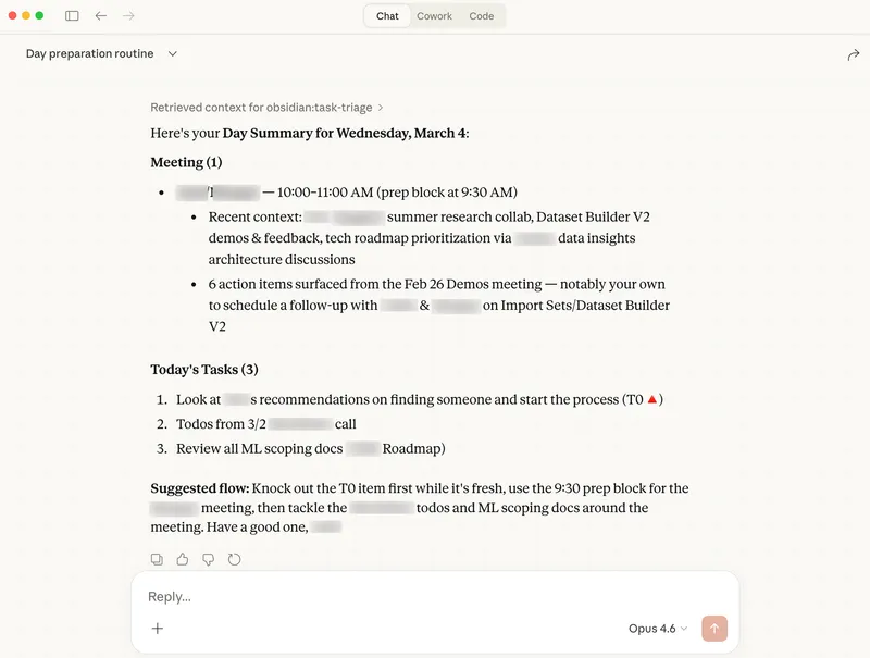 Day prep summary showing meeting overview, today's tasks, and suggested flow
