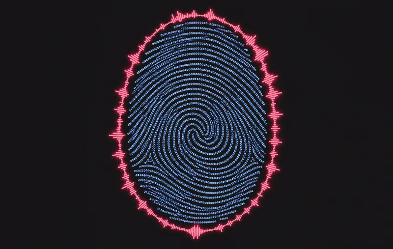 A fingerprint whose ridges are lines of blue text, circled by a red audio waveform — the post's cover art at full size