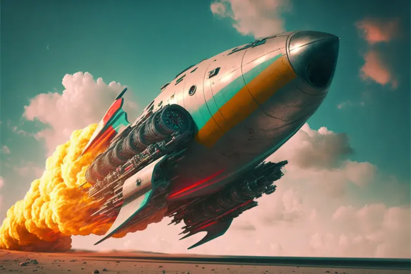 (Midjourney) Launch imagery for blog - futuristic spaceship launching hyper realistic 35mm technicolor