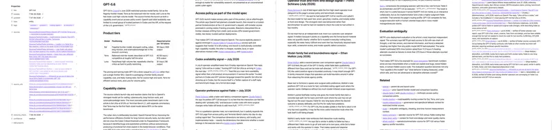The full GPT-5.6 dossier page, sliced into six columns: properties and provenance top left, compiled sections in the middle, the sources pile at the end. Created June 29; updated this morning. Click to open the full-length page.