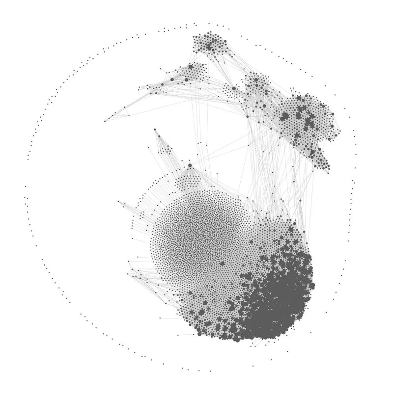 Obsidian graph view of the whole vault, unfiltered: thousands of undifferentiated gray notes in disconnected clumps, ringed by orphan notes linked to nothing.