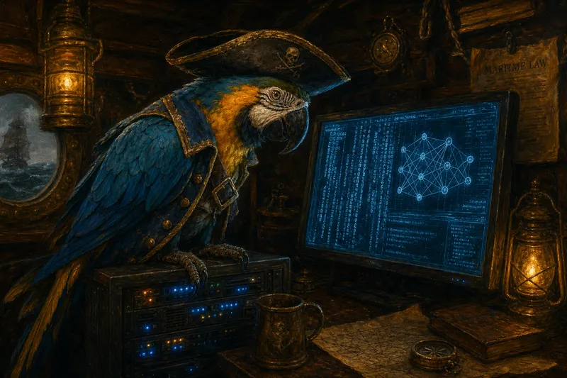 A dark oil painting of a pirate parrot in a tricorn hat perched on a blinking server rack, studying a screen full of code and a glowing knowledge graph, lanterns burning, a MARITME LAW poster on the wall.