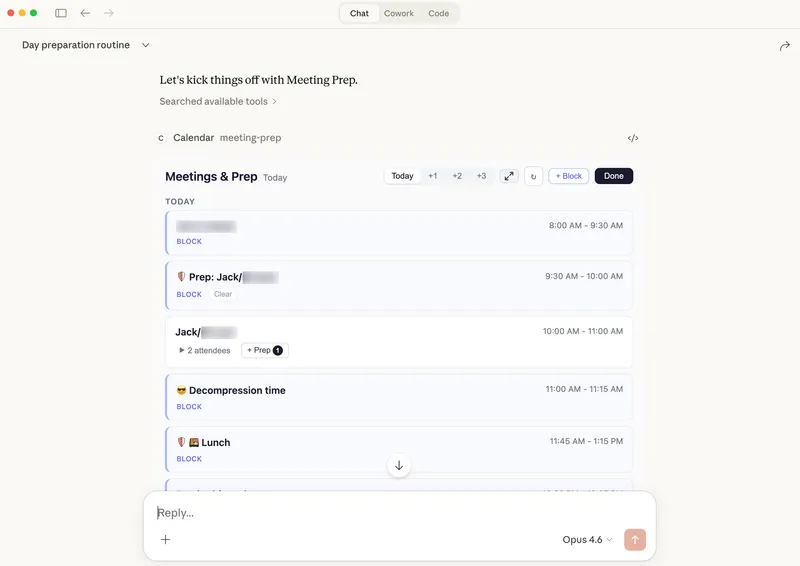 Meeting prep screen showing upcoming meeting context and preparation notes