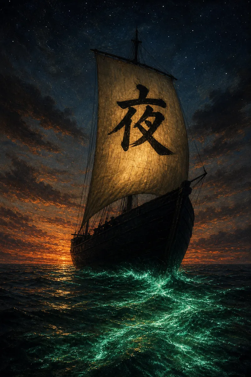 A painting of a ghost ship at dusk, no crew aboard, glowing green wake, under a sail bearing the character 夜 — night.