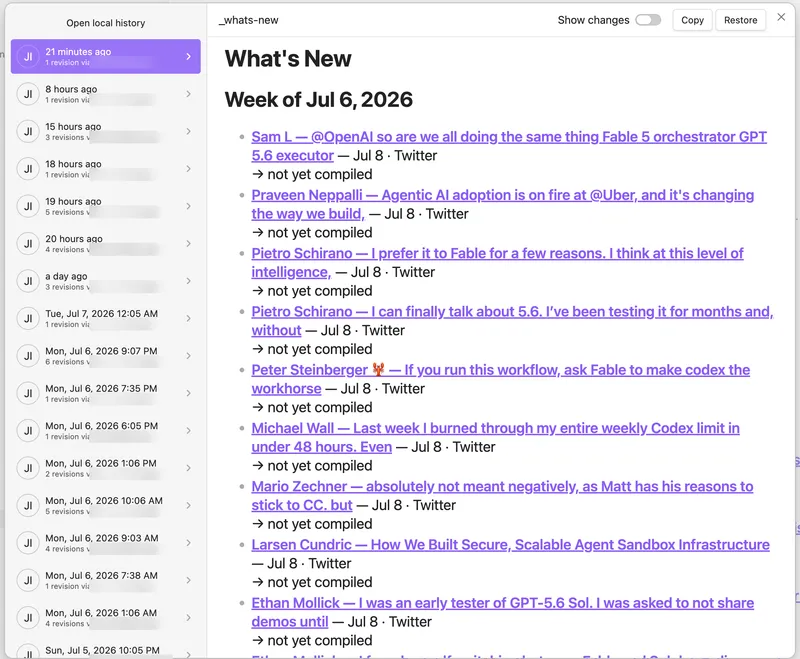 The what's-new page in Obsidian, with its local revision history alongside: revision after revision, around the clock, all made by the Mini.